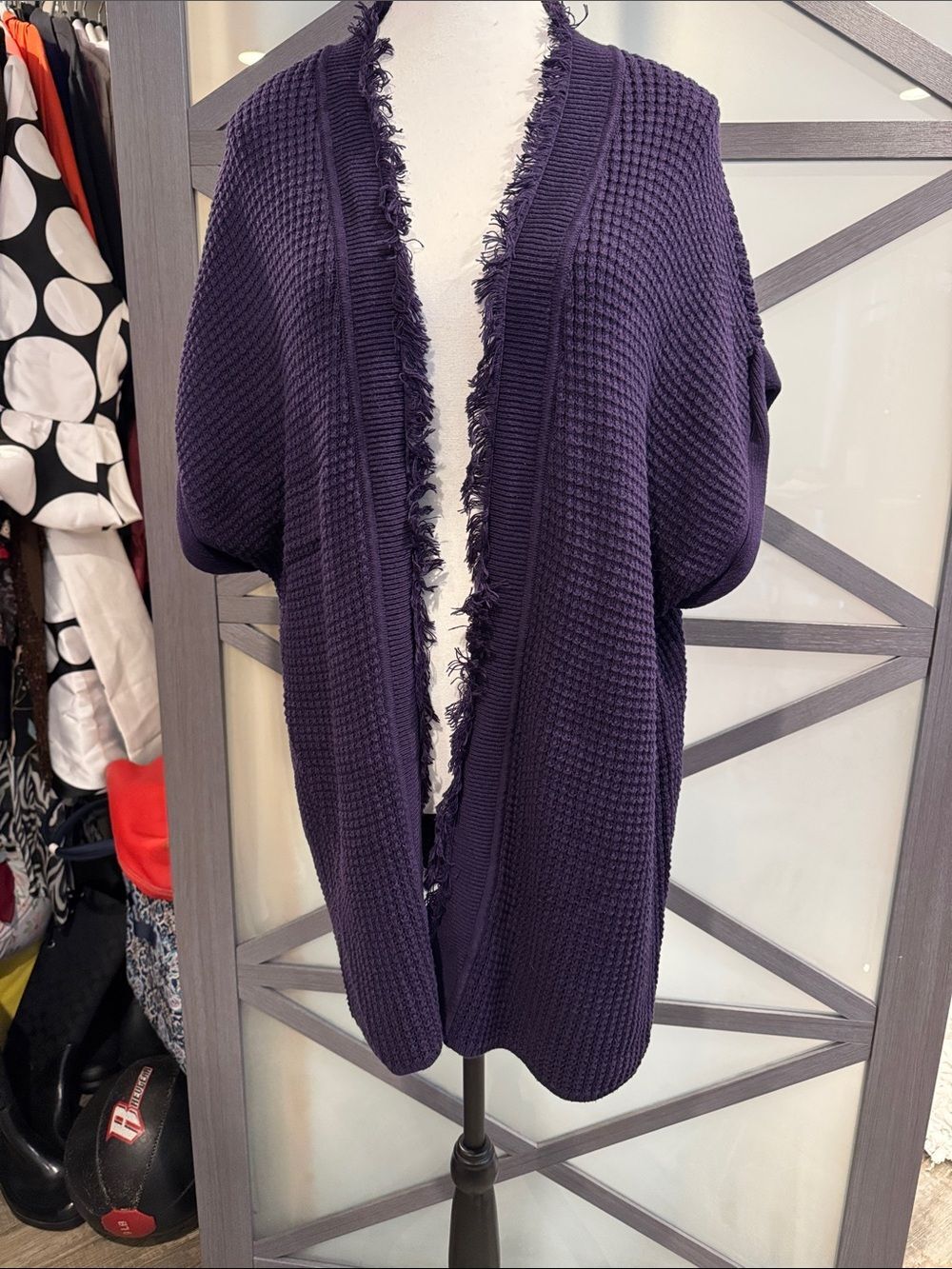 J. Jill Open-Front Waffle Knit Fringe Cardigan in Deep Purple